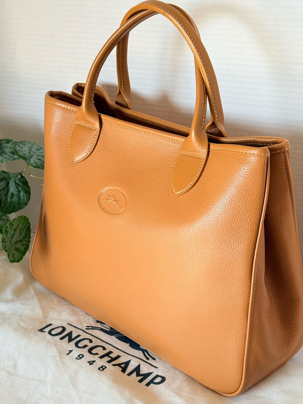 Authentic Longchamp Cognac Leather Structured Top-Handle Tote.